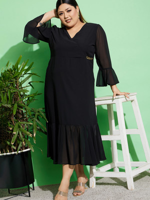 SASSAFRAS Curve Women Wrap Black Midi/Calf Length Dress