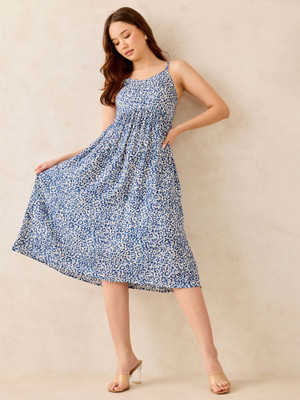 OUTZIDR Women A-line Blue Below Knee Dress