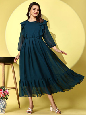 Herway Women Fit and Flare Light Blue Maxi/Full Length Dress