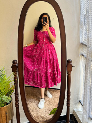GonerDham Women Printed A-line Kurta(Pink)
