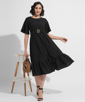 FashFun Women Fit and Flare Black Midi/Calf Length Dress