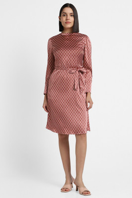 Allen Solly Women A-line Brown, White Knee Length Dress