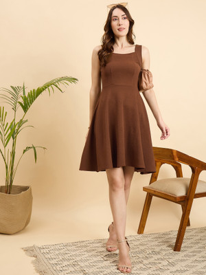 Dwarros Women A-line Brown Above Knee/Mid Thigh Length Dress