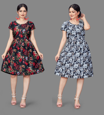 MAHADEV Women Fit and Flare Multicolor Below Knee Dress