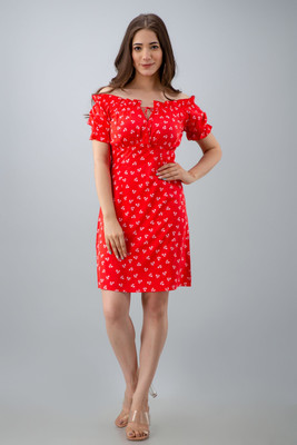 Azzurra Women Fit and Flare Red Above Knee/Mid Thigh Length Dress