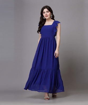 AAYU Women Fit and Flare Dark Blue Midi/Calf Length Dress