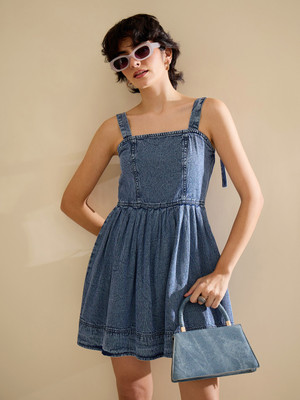 SASSAFRAS Women Fit and Flare Blue Above Knee/Mid Thigh Length Dress