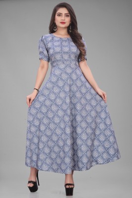 JAHU MART Women Maxi Blue, White Dress