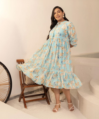Janasya Women Fit and Flare Light Blue Midi/Calf Length Dress