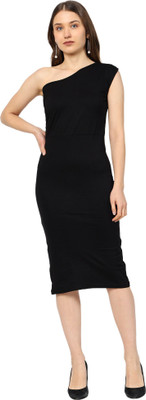 ROARERSS Women Bodycon Black Below Knee Dress