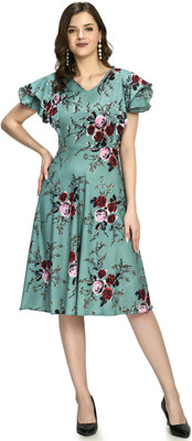 PREE GOO Women Ethnic Dress Green Knee Length Dress