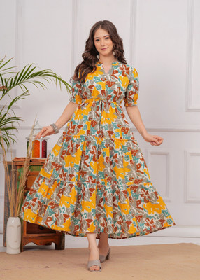 TEESHA Women Fit and Flare Orange Below Knee Dress