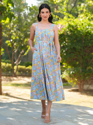 Janasya Women Tiered Light Blue Midi/Calf Length Dress