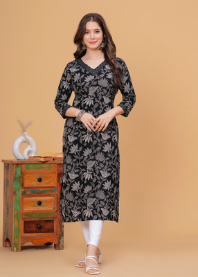 DAEVISH K Women Colorblock Straight Kurta(Black)