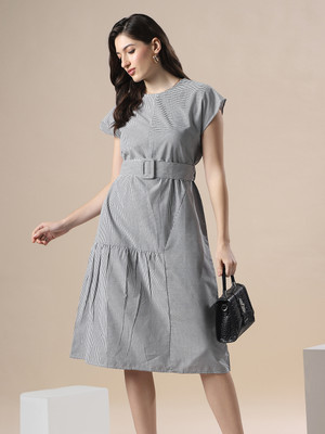 Globus Women Fit and Flare Black, White Knee Length Dress