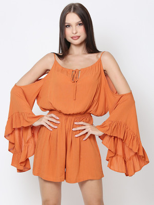 driro Women Fit and Flare Orange Above Knee/Mid Thigh Length Dress