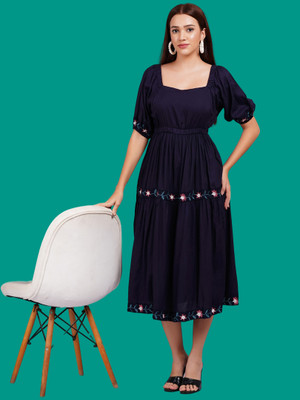 Jyoti Women Fit and Flare Dark Blue Midi/Calf Length Dress