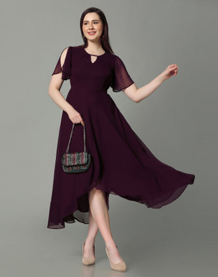Selvia Women Fit and Flare Purple Midi/Calf Length Dress