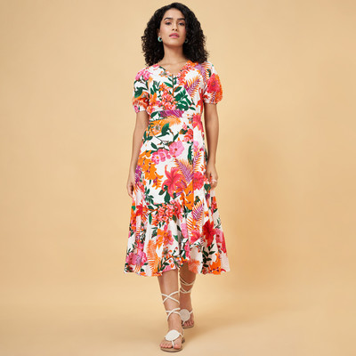 YU by Pantaloons Women Fit and Flare Orange Midi/Calf Length Dress
