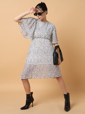 SHOWOFFFF Women Fit and Flare White Knee Length Dress