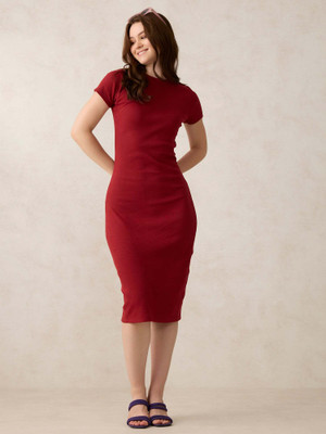 OUTZIDR Women Bodycon Maroon Below Knee Dress