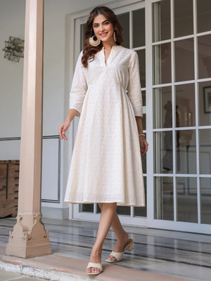 Janasya Women A-line White Midi/Calf Length Dress