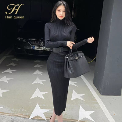 OMI Women Ribbed Black Midi/Calf Length Dress