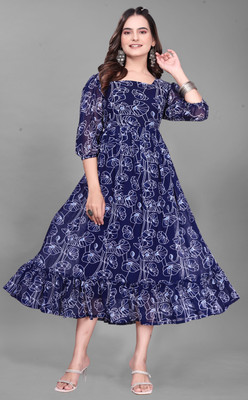 QUEUEE CREATION Women Fit and Flare Blue Midi/Calf Length Dress