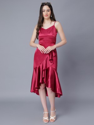 NUEVOSDAMAS Women Ruffled Maroon Dress