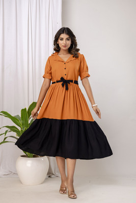 VASTRA MALL Women Fit and Flare Orange Midi/Calf Length Dress