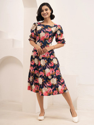 AASK Women Fit and Flare Multicolor Midi/Calf Length Dress