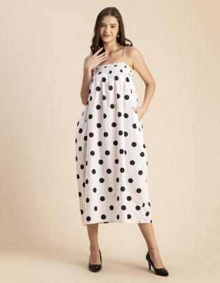 moomaya Women A-line Black, White Midi/Calf Length Dress