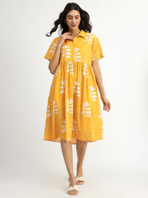 Pink Fort Women Fit and Flare Yellow Midi/Calf Length Dress
