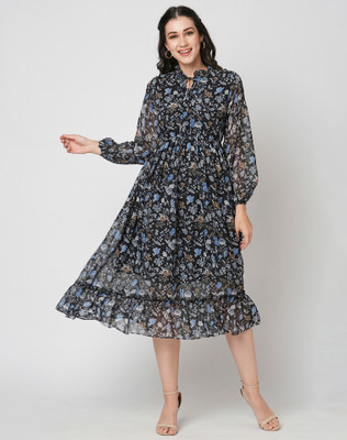 Selvia Women A-line Black Knee Length Dress