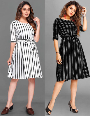 Rinra Women Fit and Flare White, Black Knee Length Dress