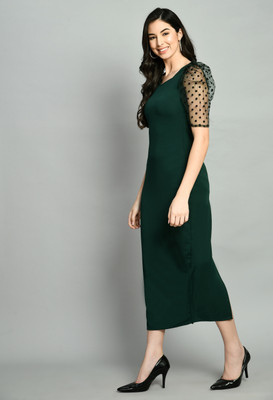 SFOTY Women A-line Green Midi/Calf Length Dress