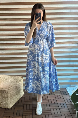 RAAM TEXTILE Women Gown Blue Knee Length Dress