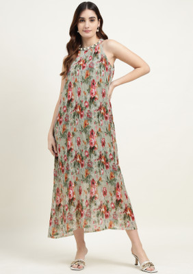 Ranng Label Women A-line Green Midi/Calf Length Dress