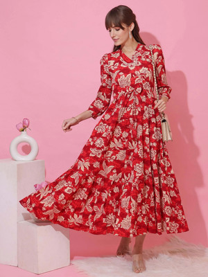 Sheetal Accociates Women Fit and Flare Red, Beige Maxi/Full Length Dress