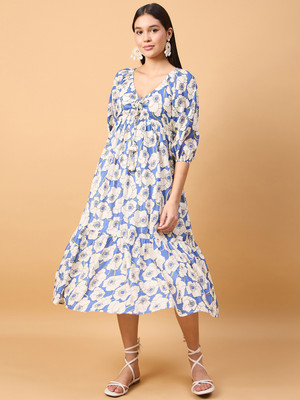 DRAPE AND DAZZLE Women A-line Blue Midi/Calf Length Dress