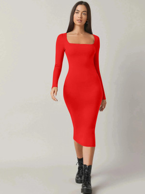 Alekya Women Bodycon Red Midi/Calf Length Dress