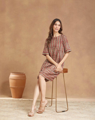 Fabindia Women A-line Maroon Knee Length Dress