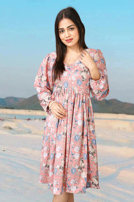 HOC's Women Fit and Flare Pink Above Knee/Mid Thigh Length Dress