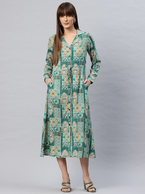 Cottinfab Women A-line Green, Beige Midi/Calf Length Dress