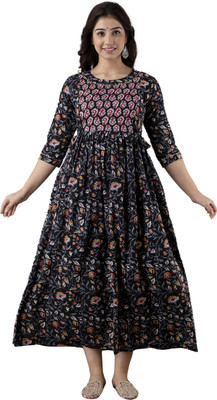 Pakija gold print Women Fit and Flare Multicolor Midi/Calf Length Dress