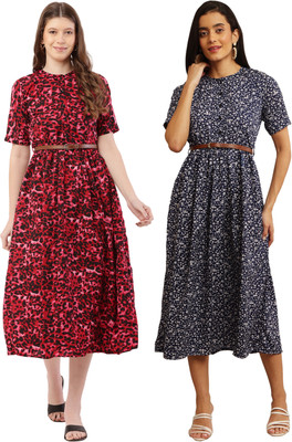 Mamnoon Women Fit and Flare Light Blue, Dark Blue Midi/Calf Length Dress