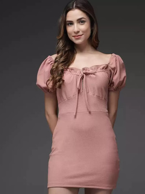 TANDUL Women Bodycon Pink Above Knee/Mid Thigh Length Dress
