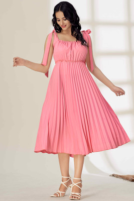 Glomee Women Pleated Pink Midi/Calf Length Dress