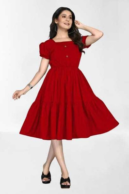 SHABRI FASHION Women Fit and Flare Red Knee Length Dress