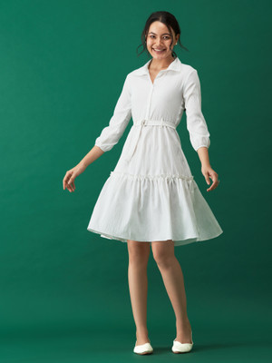 AASK Women Peplum White Above Knee/Mid Thigh Length Dress